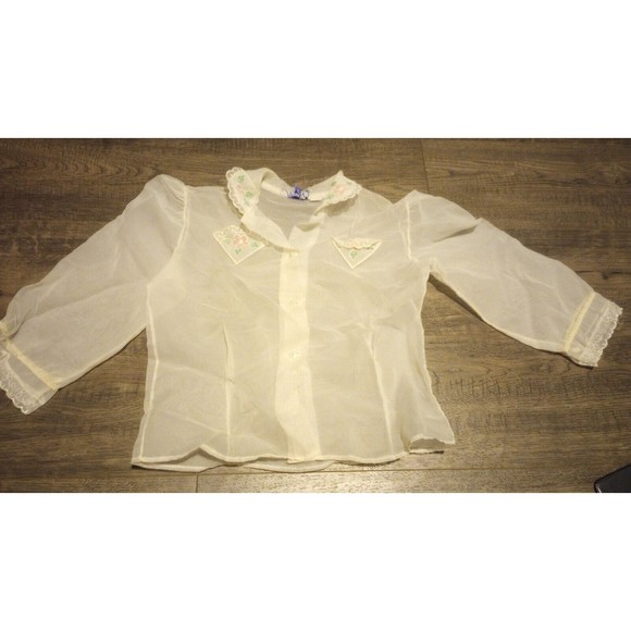 Vintage Dan Dee Girls Top 100% Nylon Sheer Embroidered Flowers Button Up Shirt - Picture 6 of 16